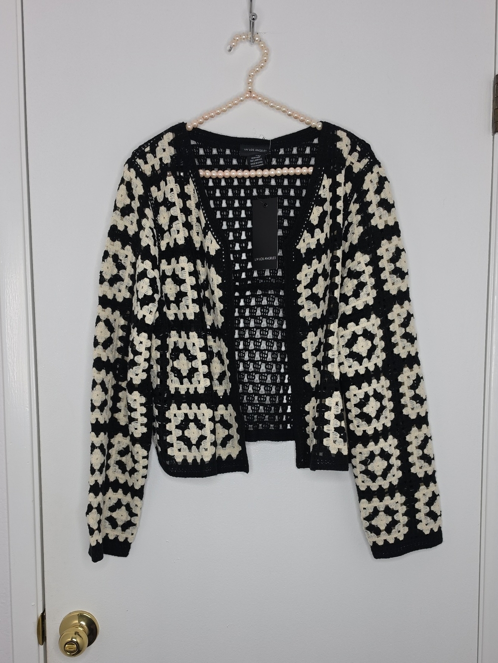 Black and Cream Crochet Open-Front Women's Sweater Cardigan Size Large Ntw